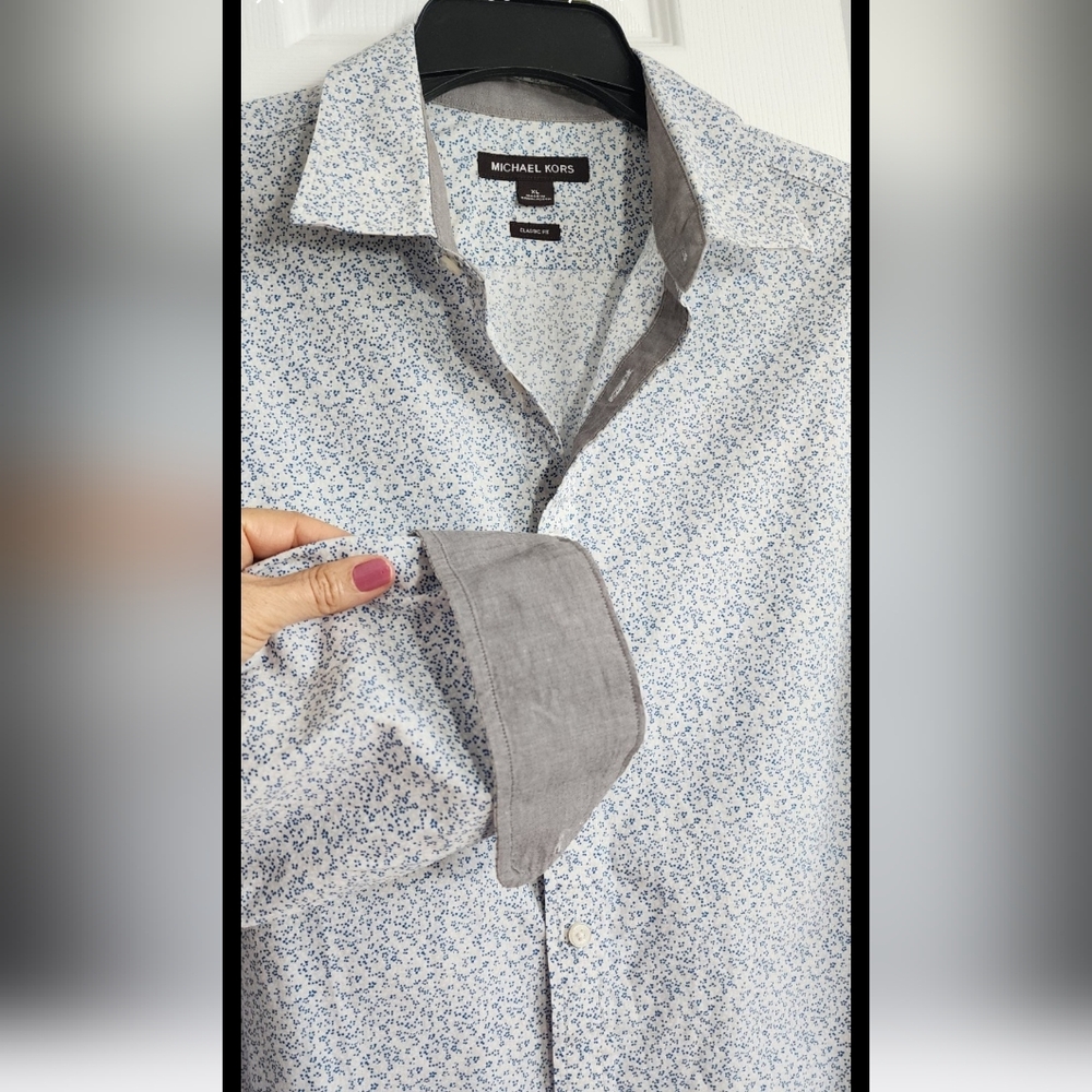 Michael Kors mens sz XL button down shirt contrast cuff blue and gray long slve